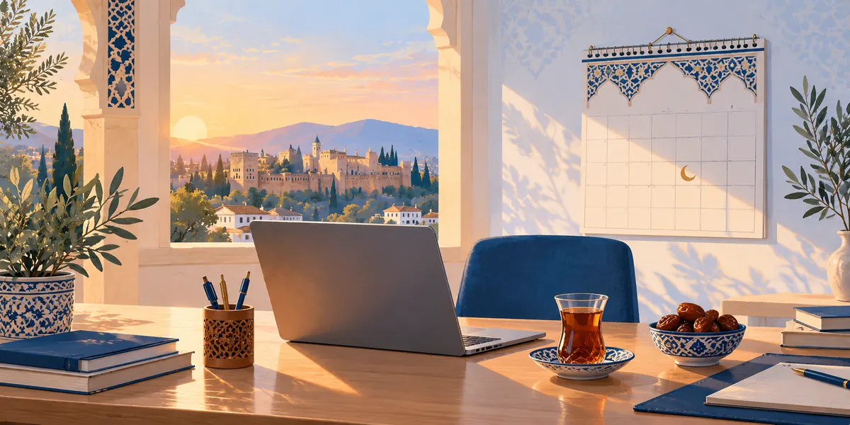 Una mesa de trabajo con un portátil, té y dátiles, y un calendario con la luna creciente en la pared
