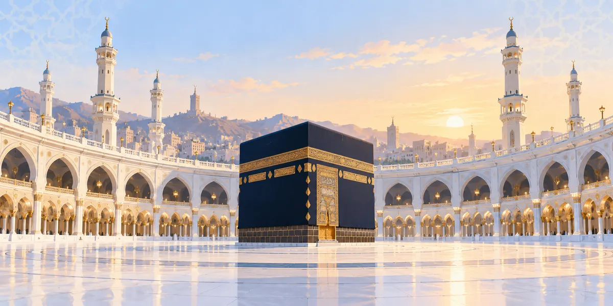 La Kaaba, cubierta con su tela negra y dorada, en el patio de la Gran Mezquita de La Meca
